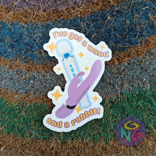 sex toy vibrating wand and rabbit vinyl sticker with text "i've got a wand and a rabbit"