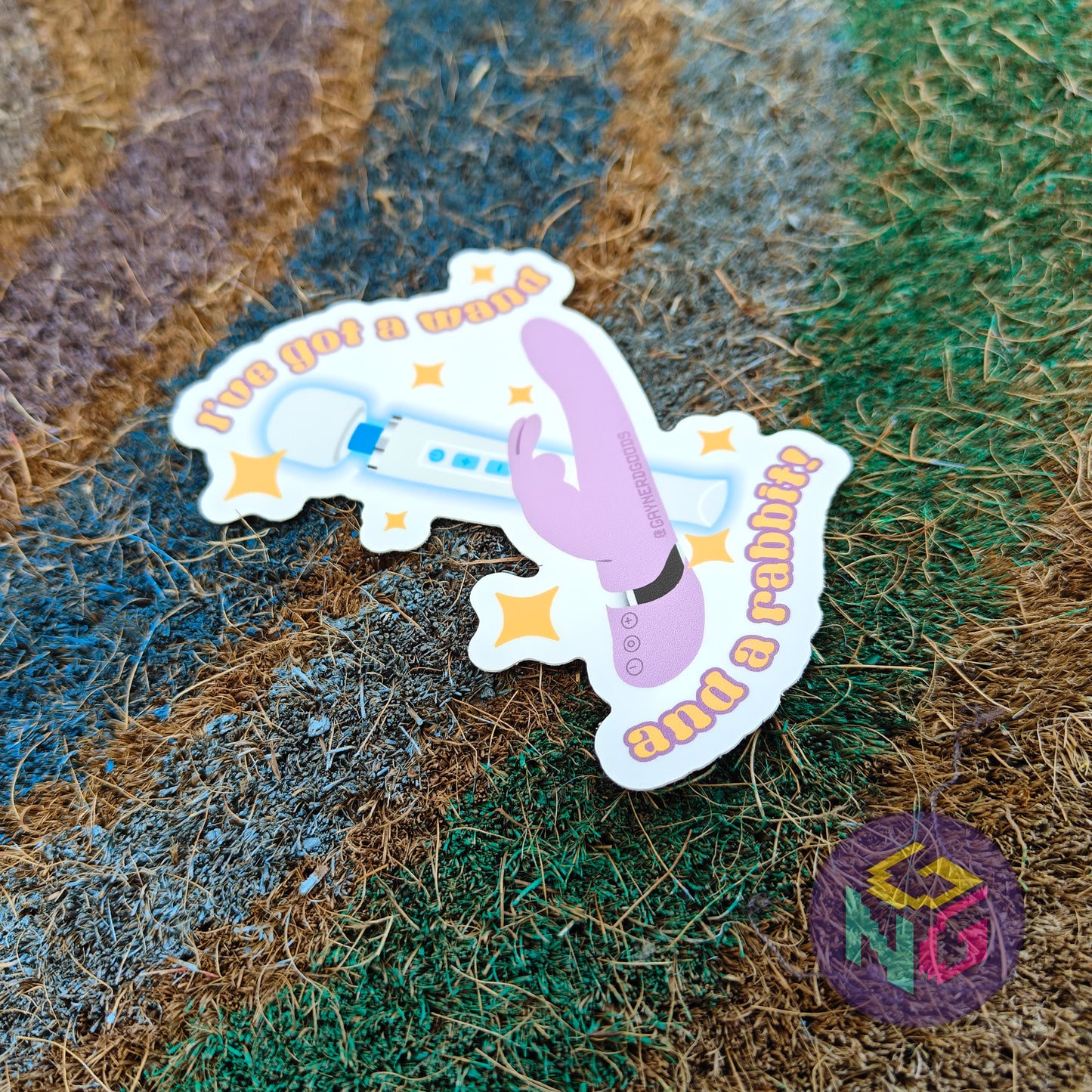 lesbian sex dishwasher safe sticker with text "i've got a wand and a rabbit"