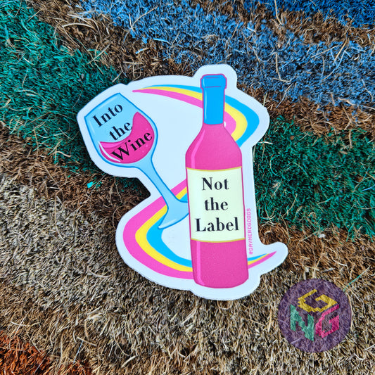 into the wine not the label pansexual pride waterproof sticker on a rainbow welcome mat