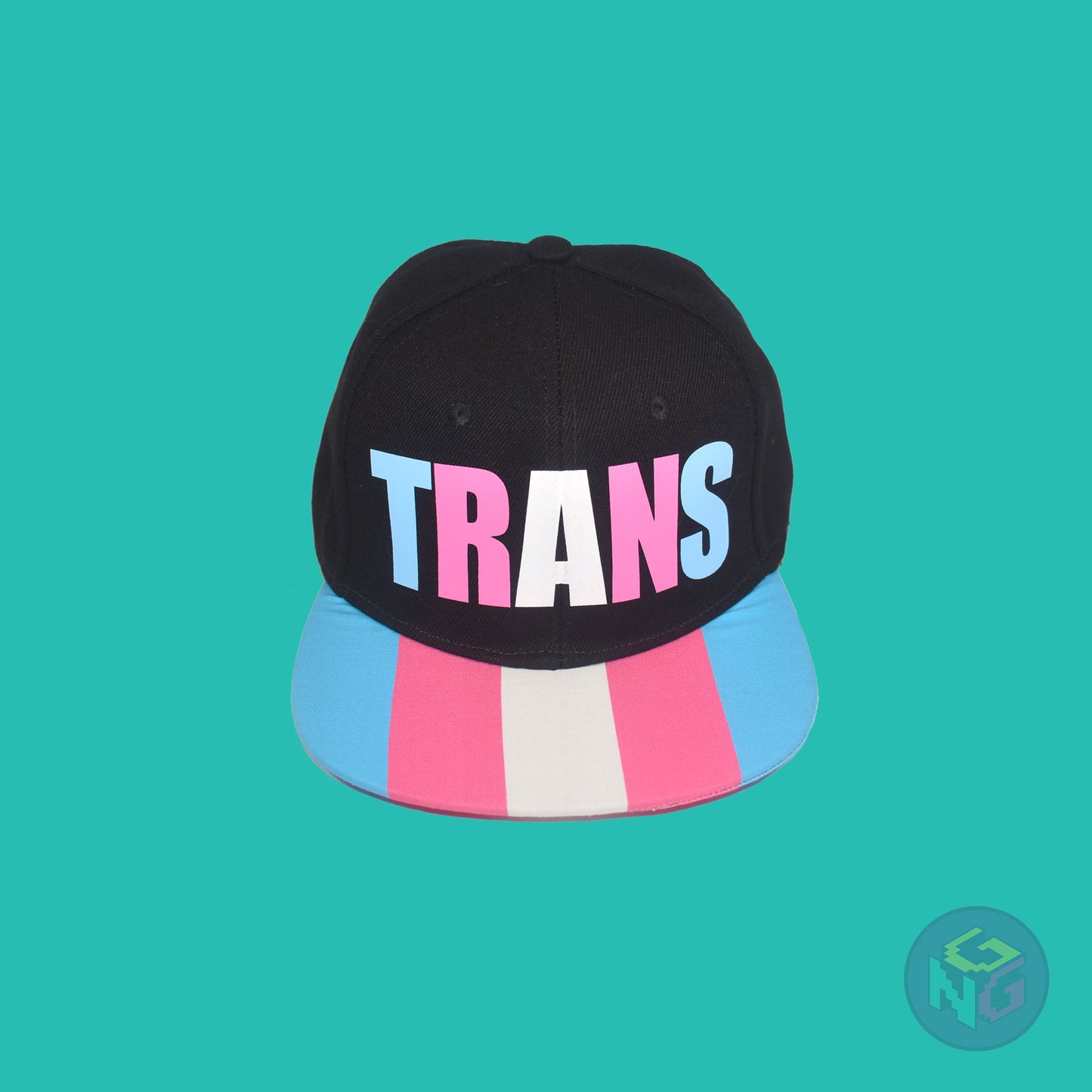 Black flat bill snapback hat. The brim has the transgender pride flag on both sides and the front of the hat has the word “TRANS” in blue, pink, and white letters. Front top view