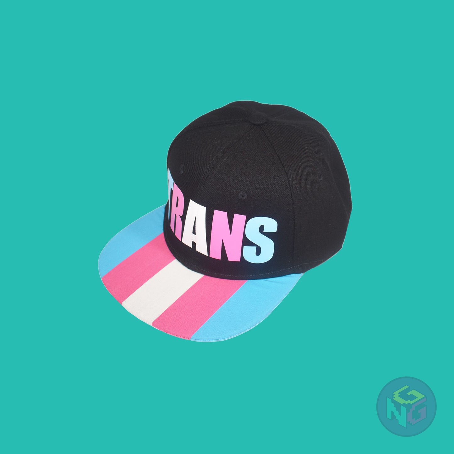 Black flat bill snapback hat. The brim has the transgender pride flag on both sides and the front of the hat has the word “TRANS” in blue, pink, and white letters. Front left view
