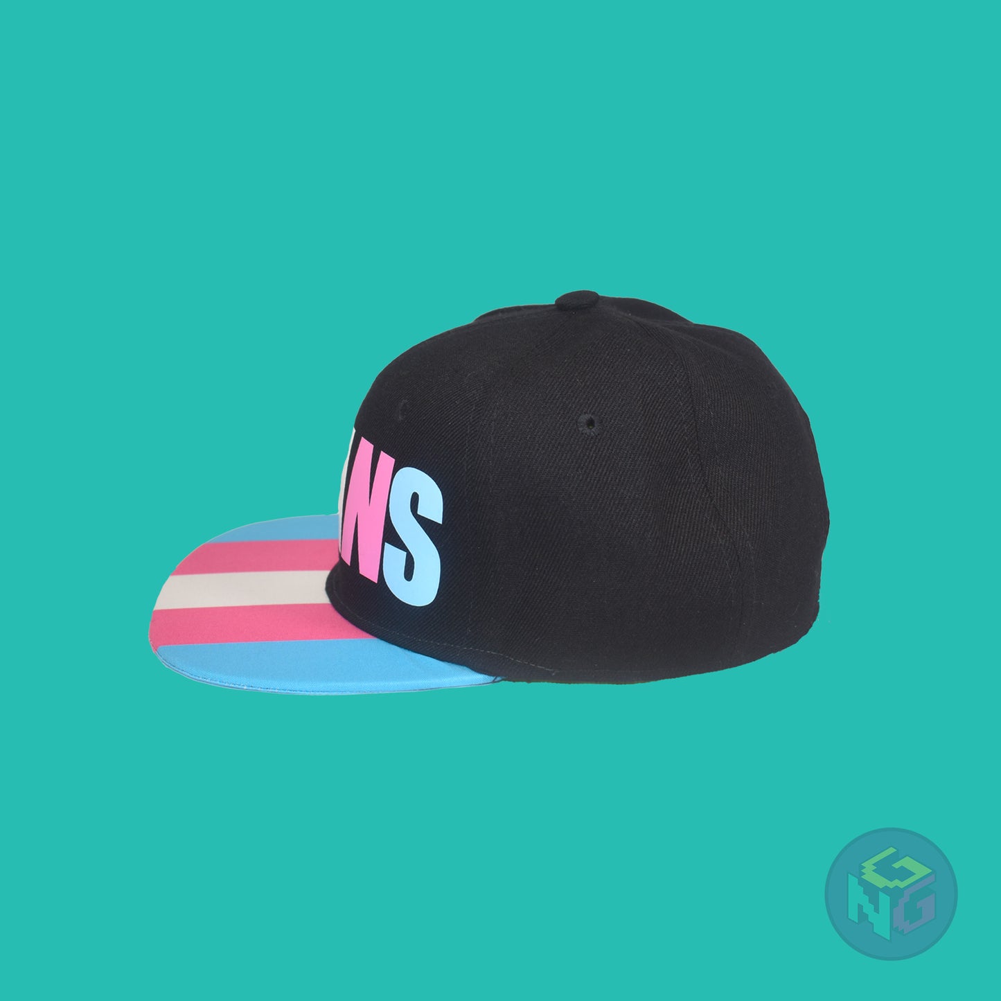 Black flat bill snapback hat. The brim has the transgender pride flag on both sides and the front of the hat has the word “TRANS” in blue, pink, and white letters. Left view