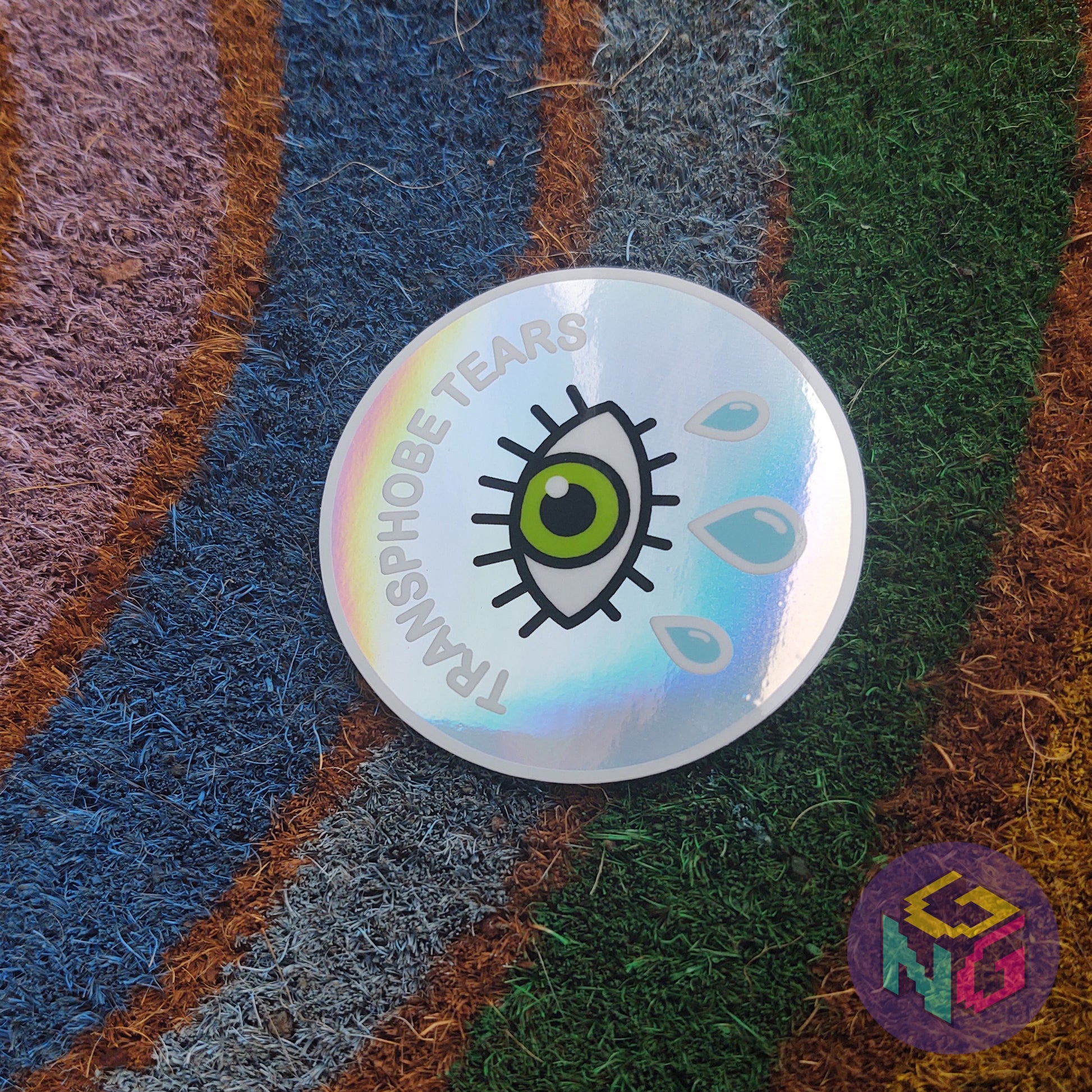 transphobe tears rainbow holographic vinyl sticker sideways on rainbow welcome mat