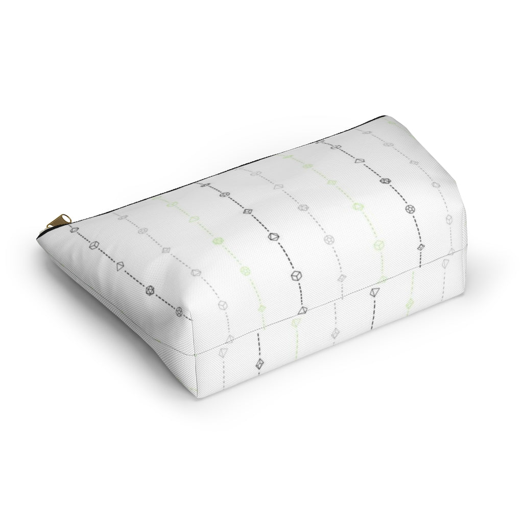 the large agender dice t-bottom pouch in bottom view on a white background. it's white with black, grey, and green stripes of dashed lines and polyhedral dice and a gold zipper pull