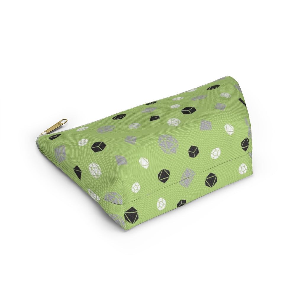 the small agender dice t-bottom pouch from the bottom on a white background. it's green with grey, black, and white polyhedral dice and a gold zipper pull