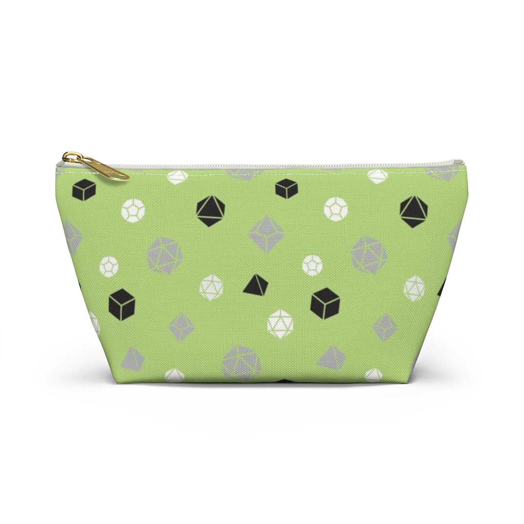 the small agender dice t-bottom pouch in front view on a white background. it's green with grey, black, and white polyhedral dice and a gold zipper pull