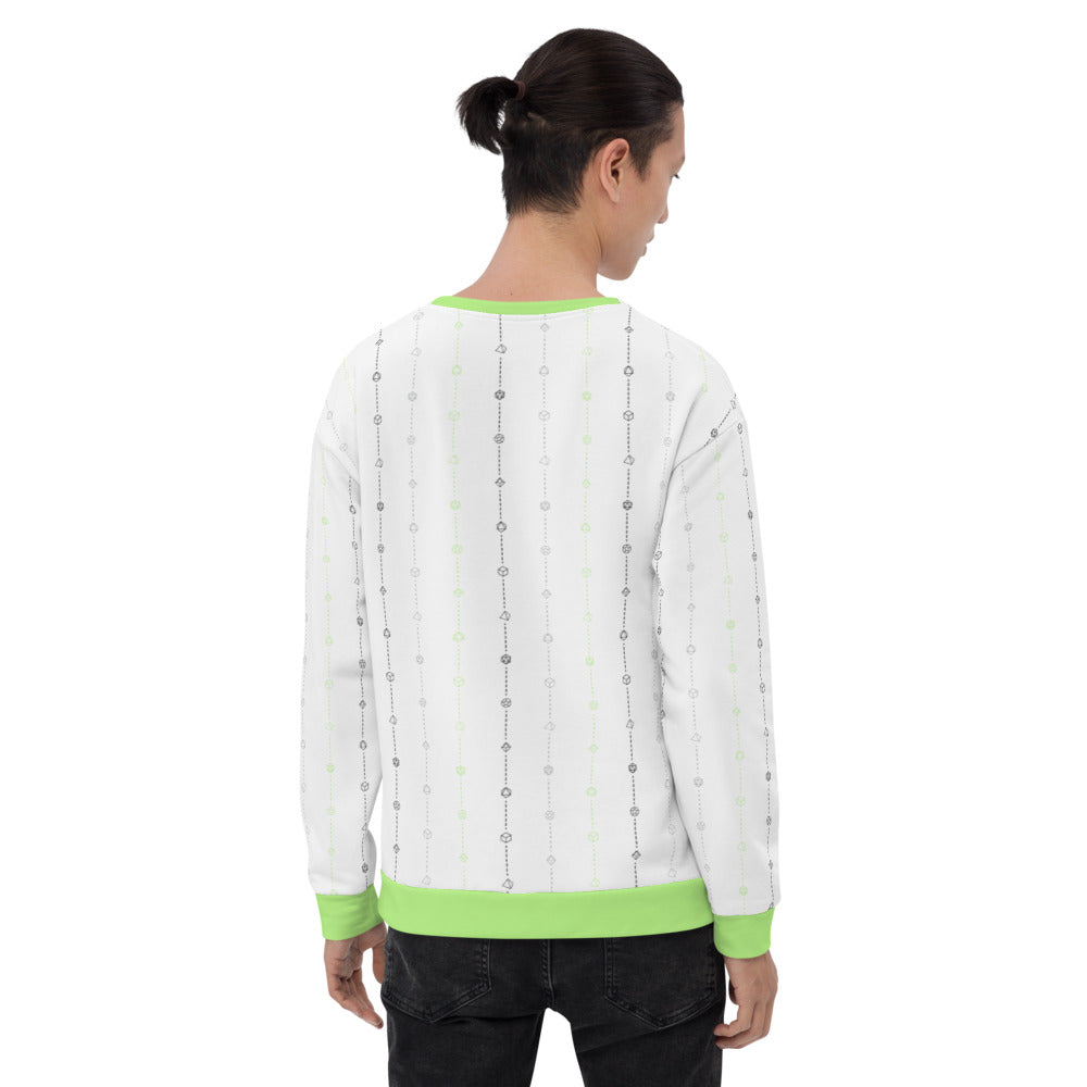 light-skinned dark haired model on a white background facing backwards wearing the agender pride dice sweater