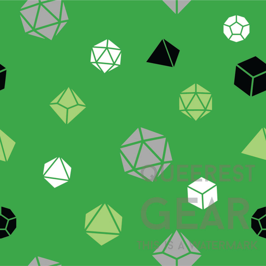 close up of the aromantic dice pattern. There's a green background with pattern of grey, green, black, and white polyhedral dnd dice