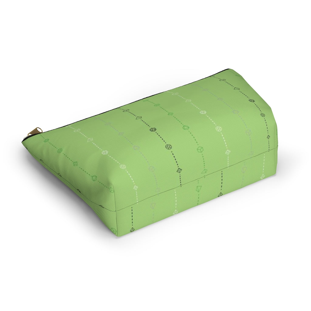 the large aromantic dice t-bottom pouch in bottom view on a white background. it's green with black, grey, white, and green stripes of dashed lines and polyhedral dice and a gold zipper pull