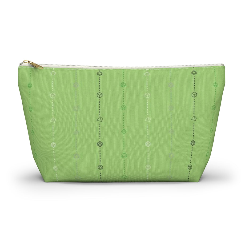 the large aromantic dice t-bottom pouch in front view on a white background. it's green with black, grey, white, and green stripes of dashed lines and polyhedral dice and a gold zipper pull