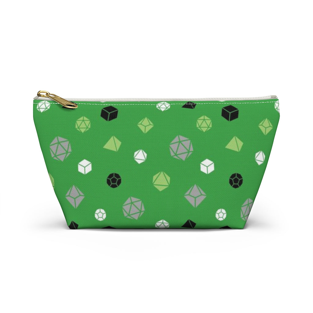 the small aromantic dice t-bottom pouch in front view on a white background. it's green with green, grey, black, and white polyhedral dice and a gold zipper pull