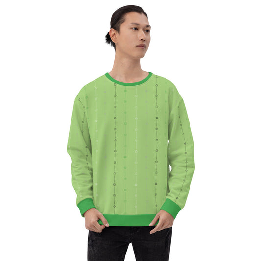 light-skinned dark haired model on a white background facing forward wearing the aromantic pride dice sweater