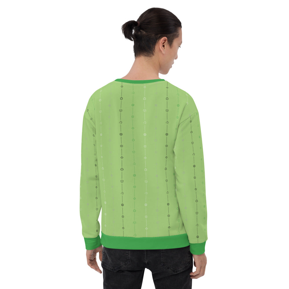 light-skinned dark haired model on a white background facing backwards wearing the aromantic pride dice sweater