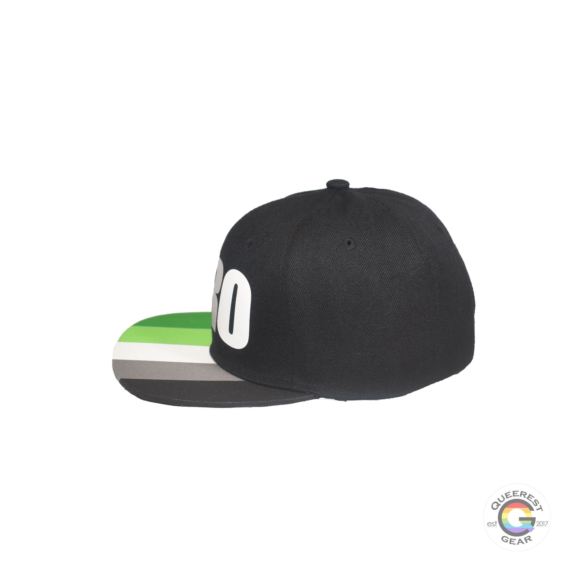 Black flat bill snapback hat. The brim has the aromantic pride flag on both sides and the front of the hat has the word “ARO” in green, grey, and white. Left view