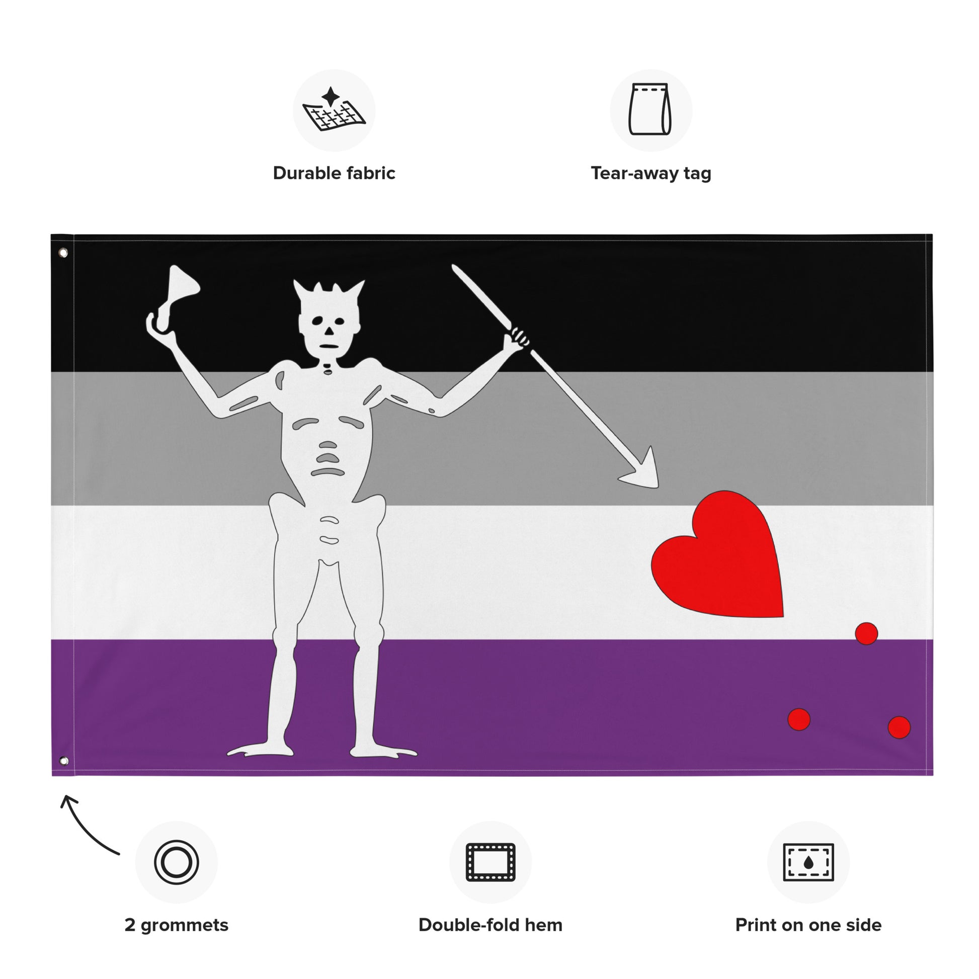 the asexual flag with blackbeard's symbol surrounded by the specifications of "durable fabric, tear-away tag, 2 grommets, double-fold hem, print on one side"