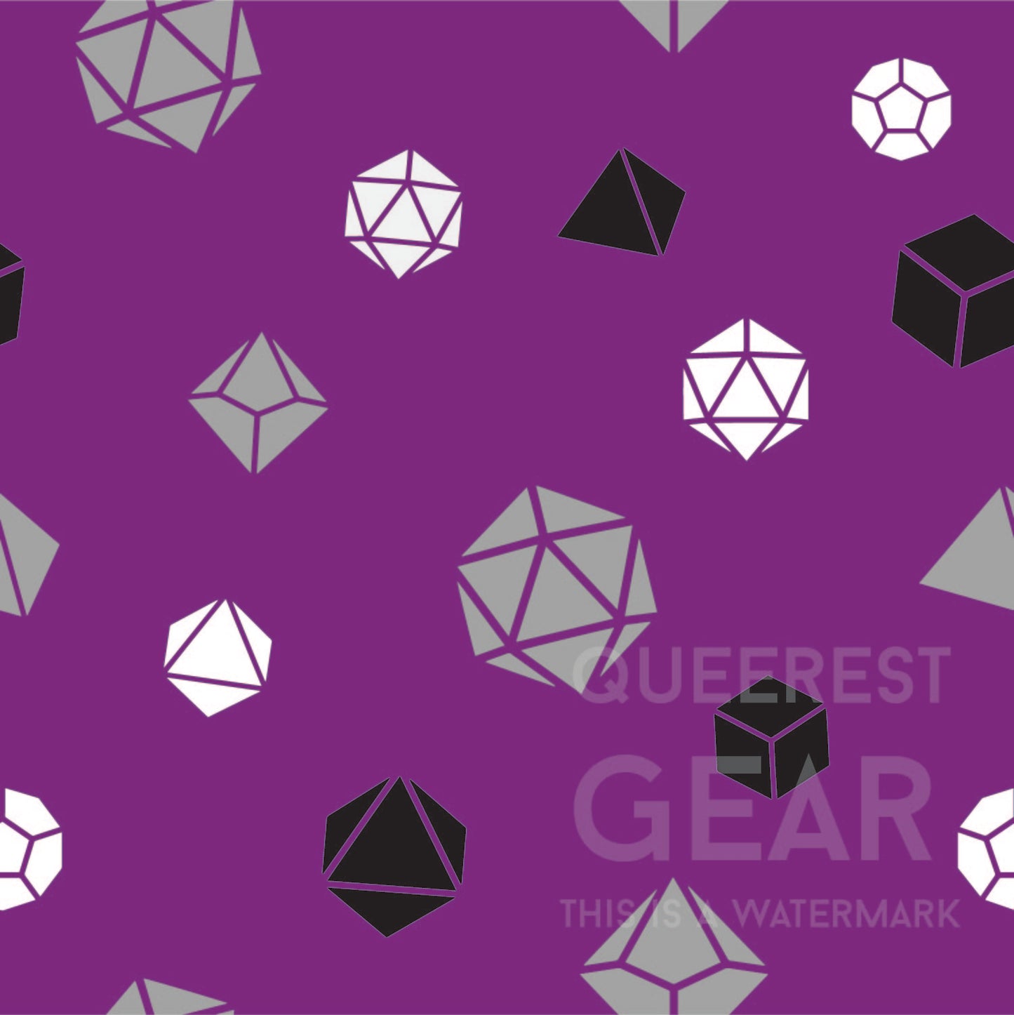 close-up of asexual dice pattern. purple background with pattern of grey, white, and black polyhedral dnd dice