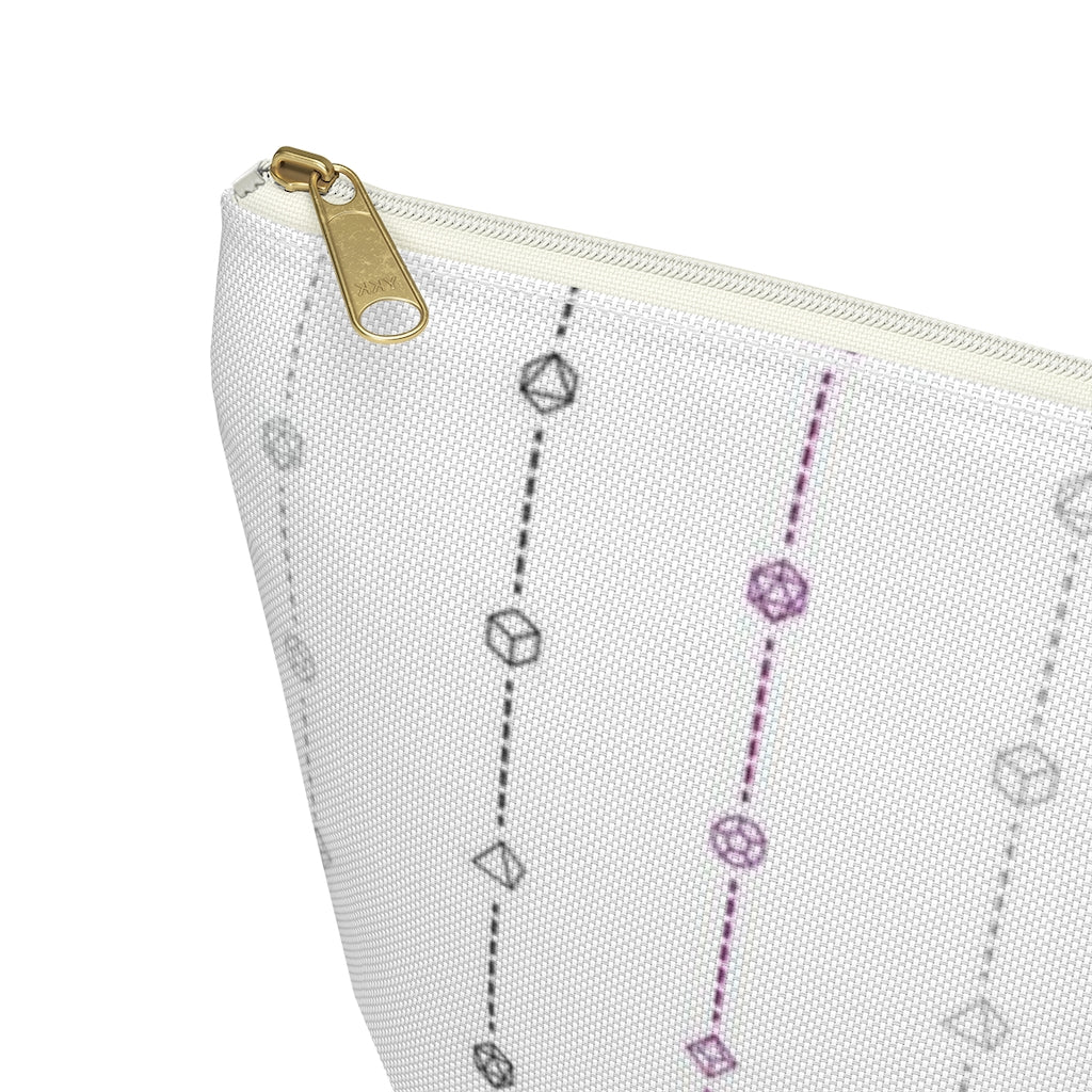 the large asexual dice t-bottom pouch zoomed in on the corner on a white background. it's white with black, grey, and purple stripes of dashed lines and polyhedral dice and a gold zipper pull