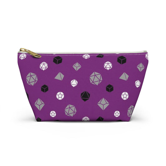 the small asexual dice t-bottom pouch in front view on a white background. it's purple with grey, black, and white polyhedral dice and a gold zipper pull