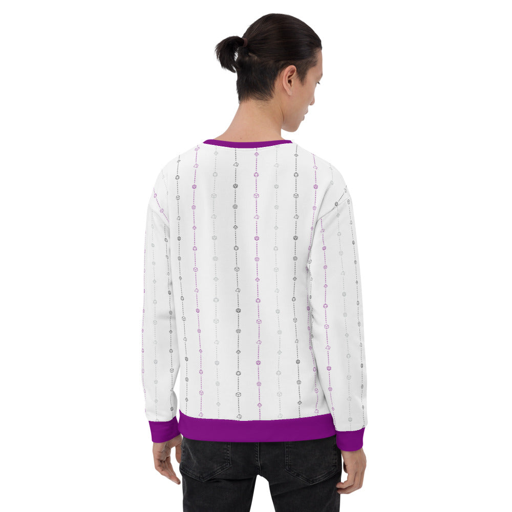 light-skinned dark haired model on a white background facing backwards wearing the asexual pride dice sweater