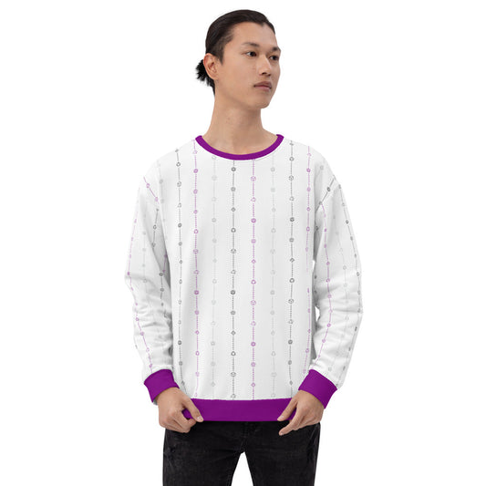 light-skinned dark haired model on a white background facing forward wearing the asexual pride dice sweater