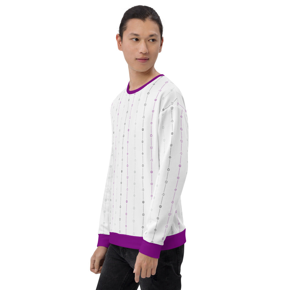 light-skinned dark haired model on a white background facing left wearing the asexual pride dice sweater