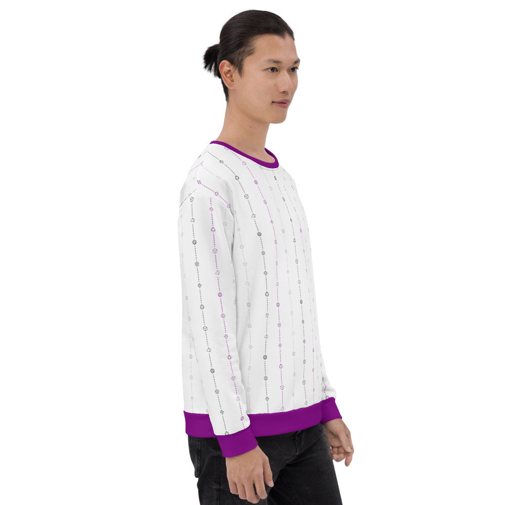 light-skinned dark haired model on a white background facing right wearing the asexual pride dice sweater