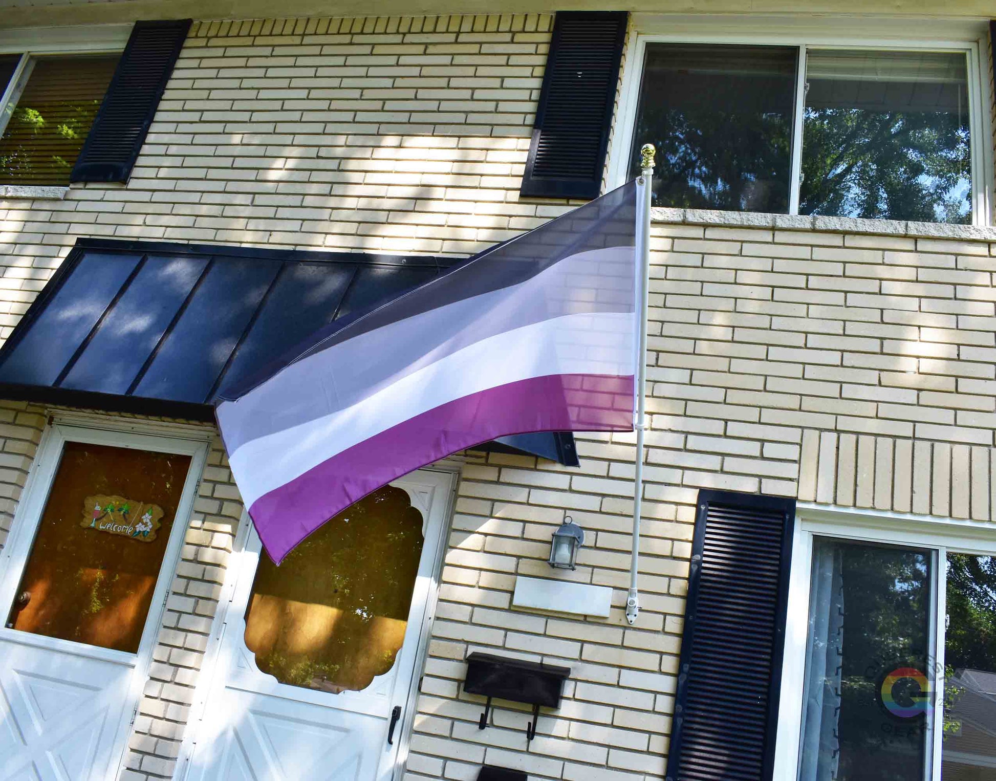 3’x5’ asexual pride flag hanging from a flagpole on the outside of a light brick house with dark shutters