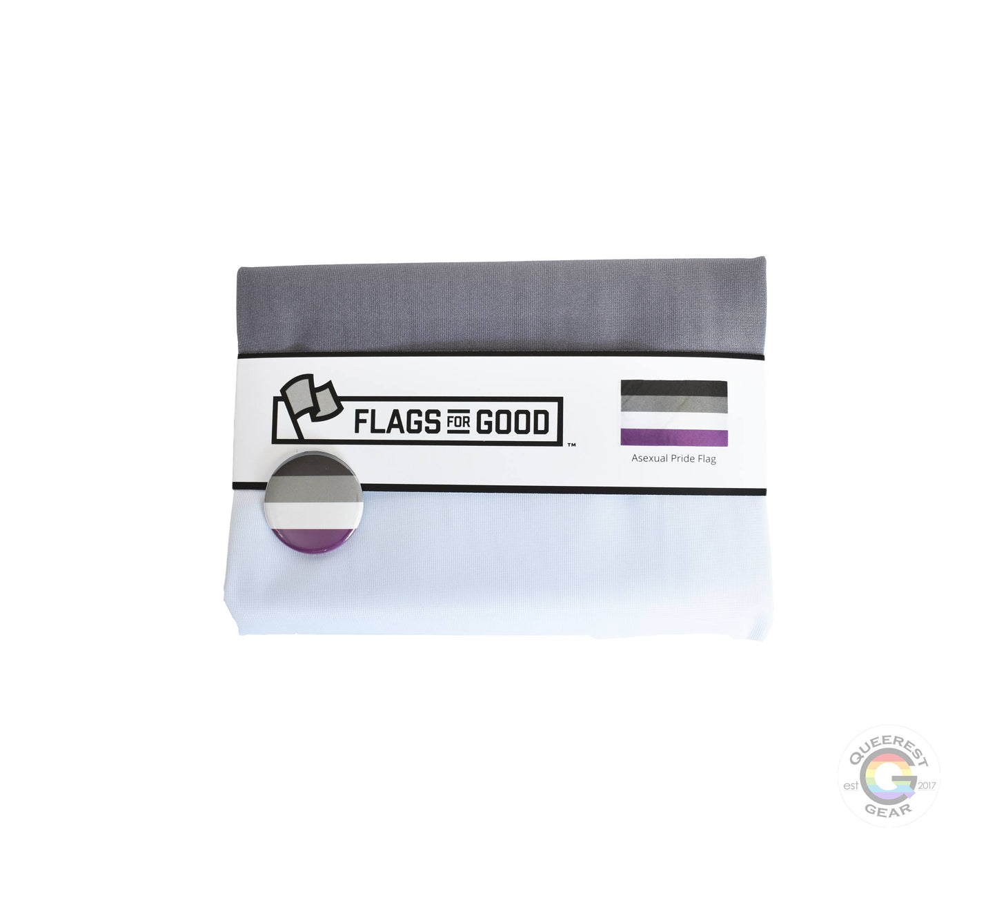 The asexual pride flag folded in its packaging with the matching free asexual flag button