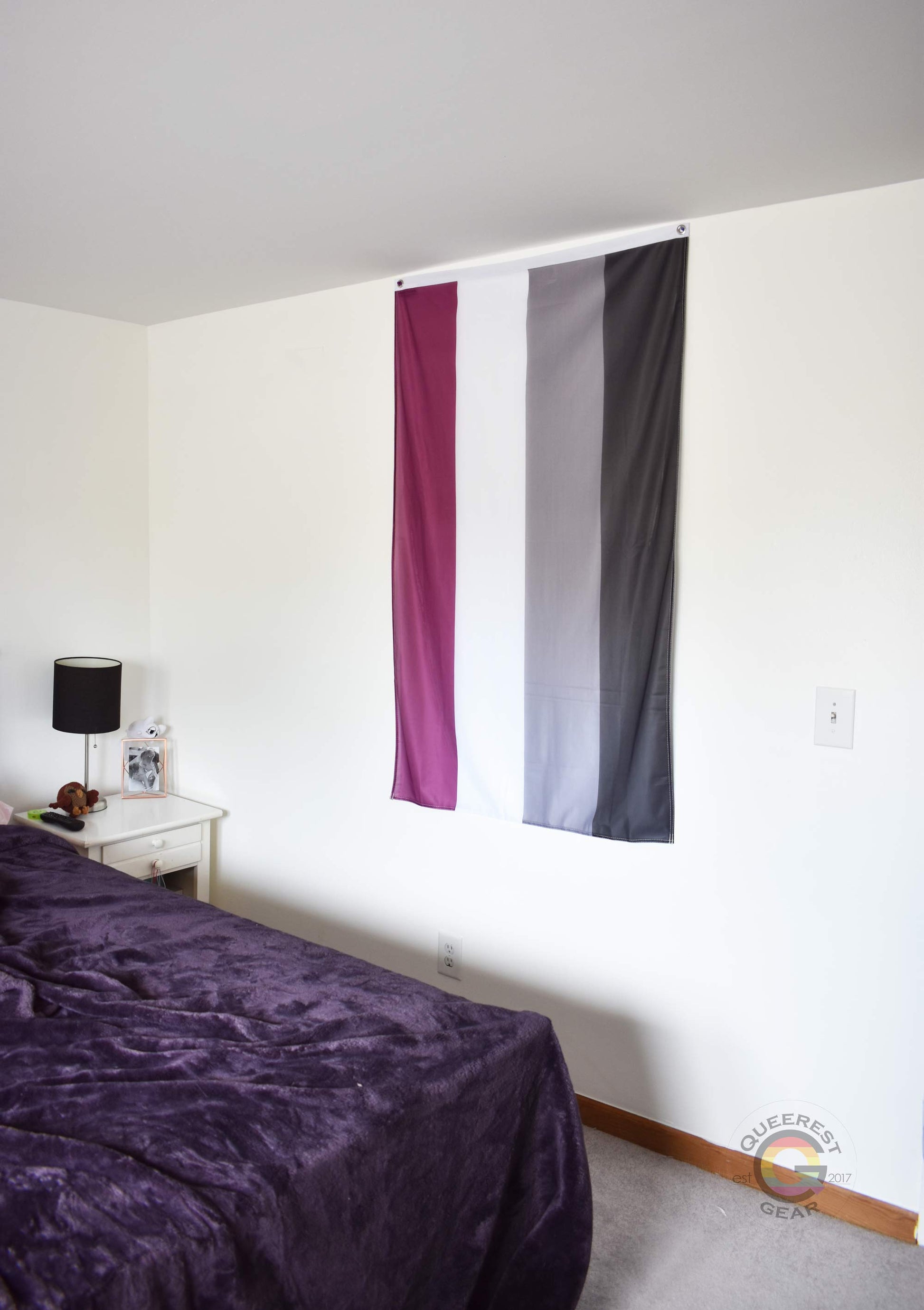 3’x5’ asexual pride flag hanging vertically on the wall of a bedroom with a nightstand and a bed