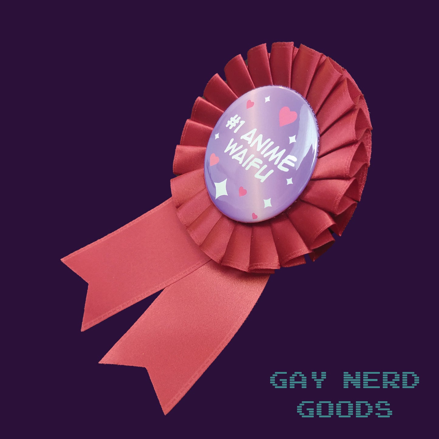 side angle view of the red #1 anime waifu prize ribbon on a purple background