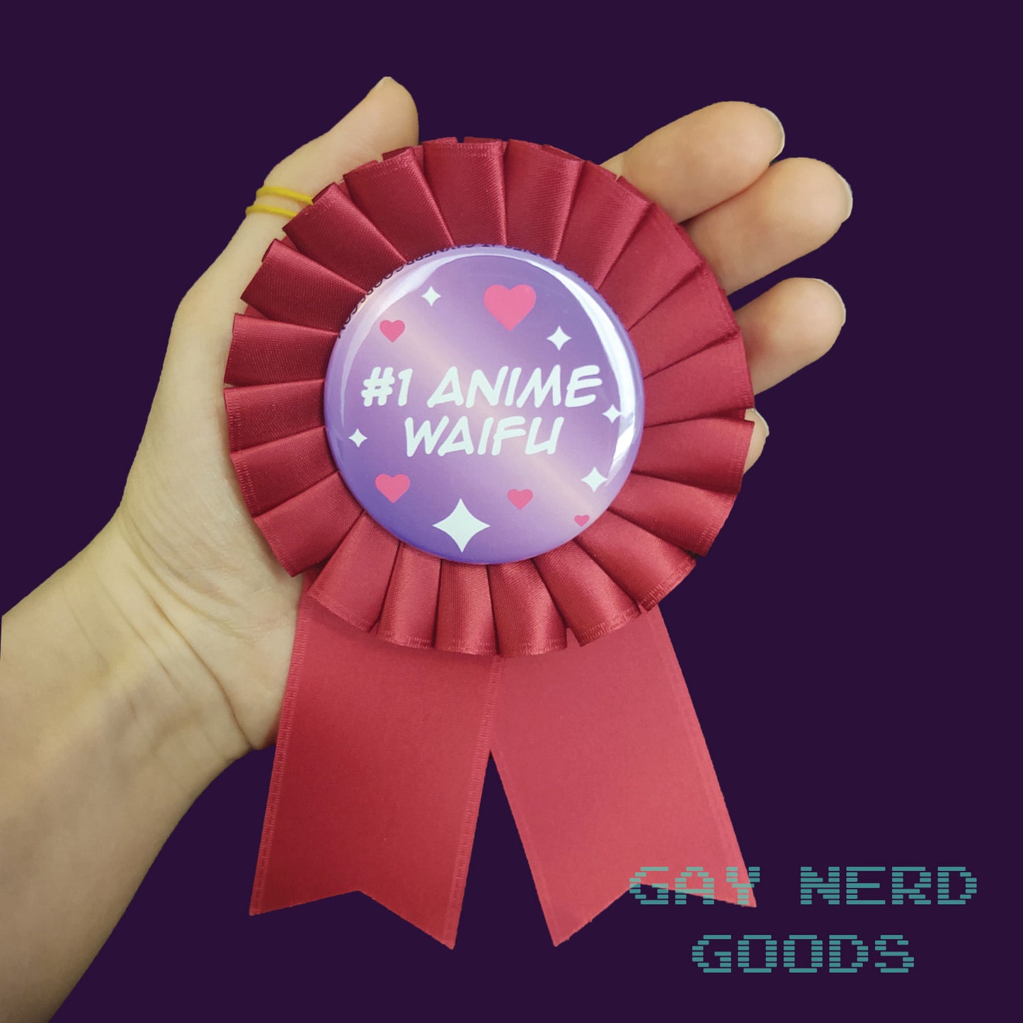 hand holding the red #1 anime waifu award ribbon against a purple background