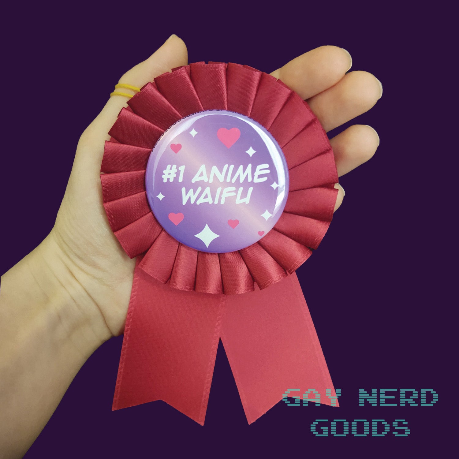 hand holding the red #1 anime waifu award ribbon against a purple background