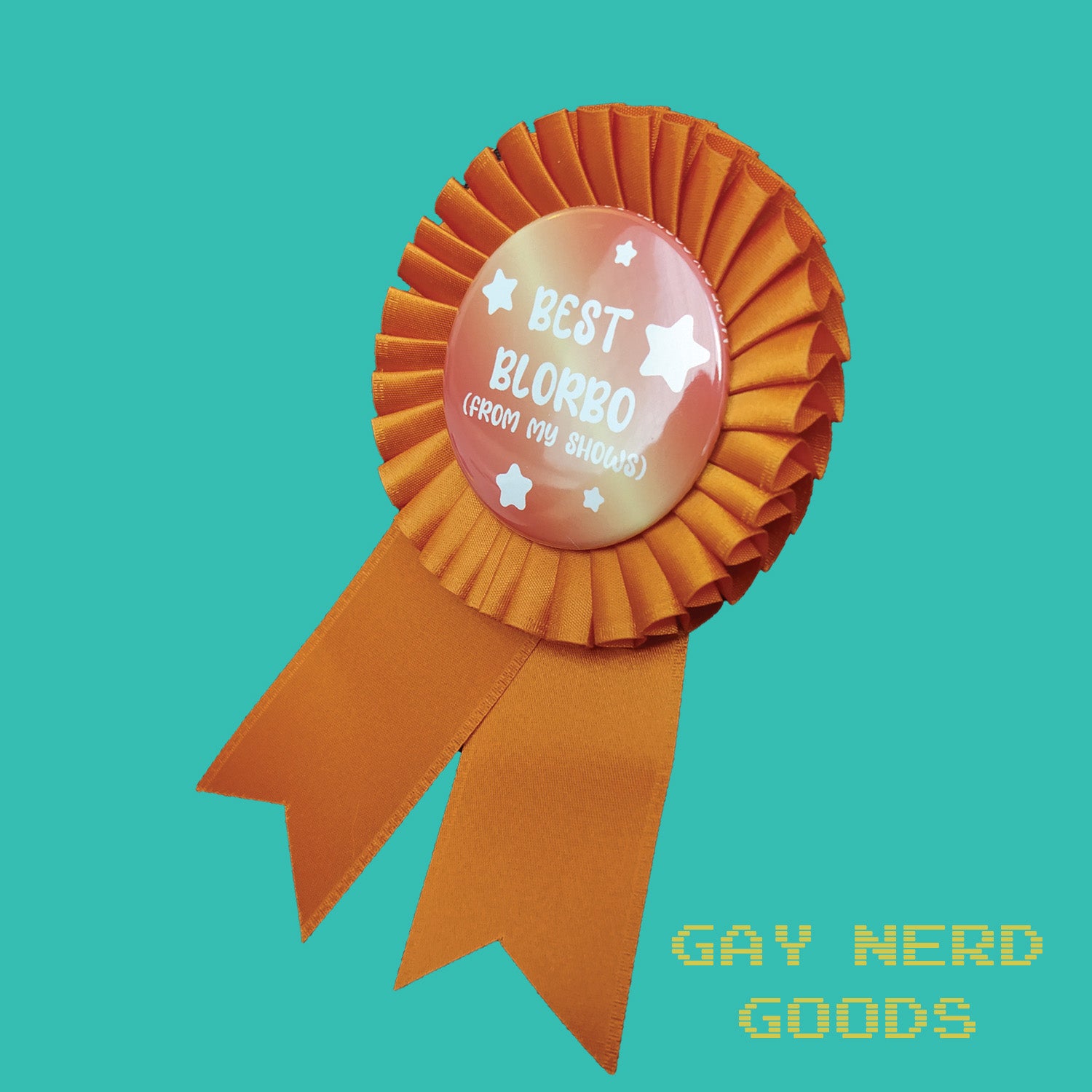 side angle view of the orange best blorbo award ribbon on a mint green background