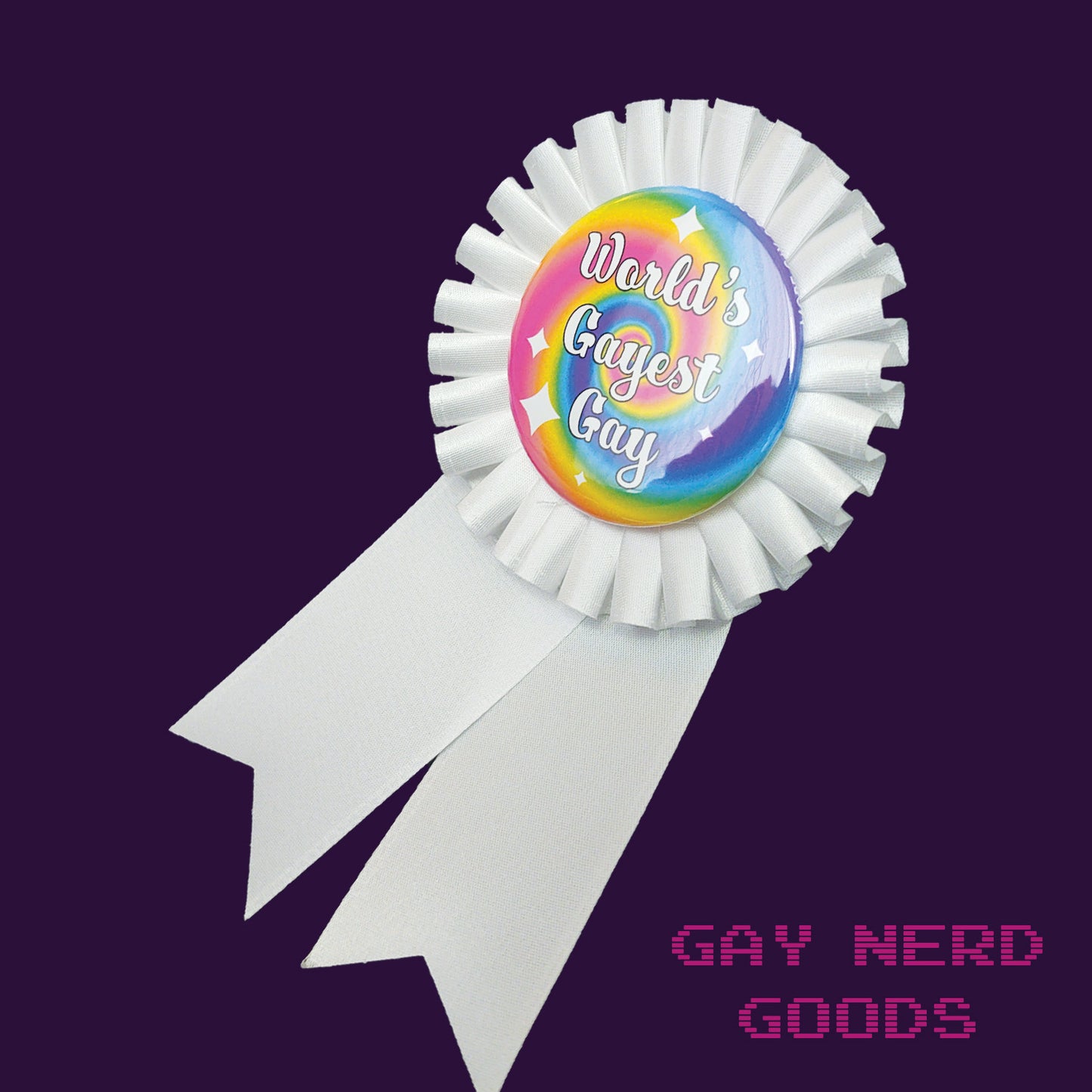 side angle view of the white world's gayest gay award ribbon on a dark purple background