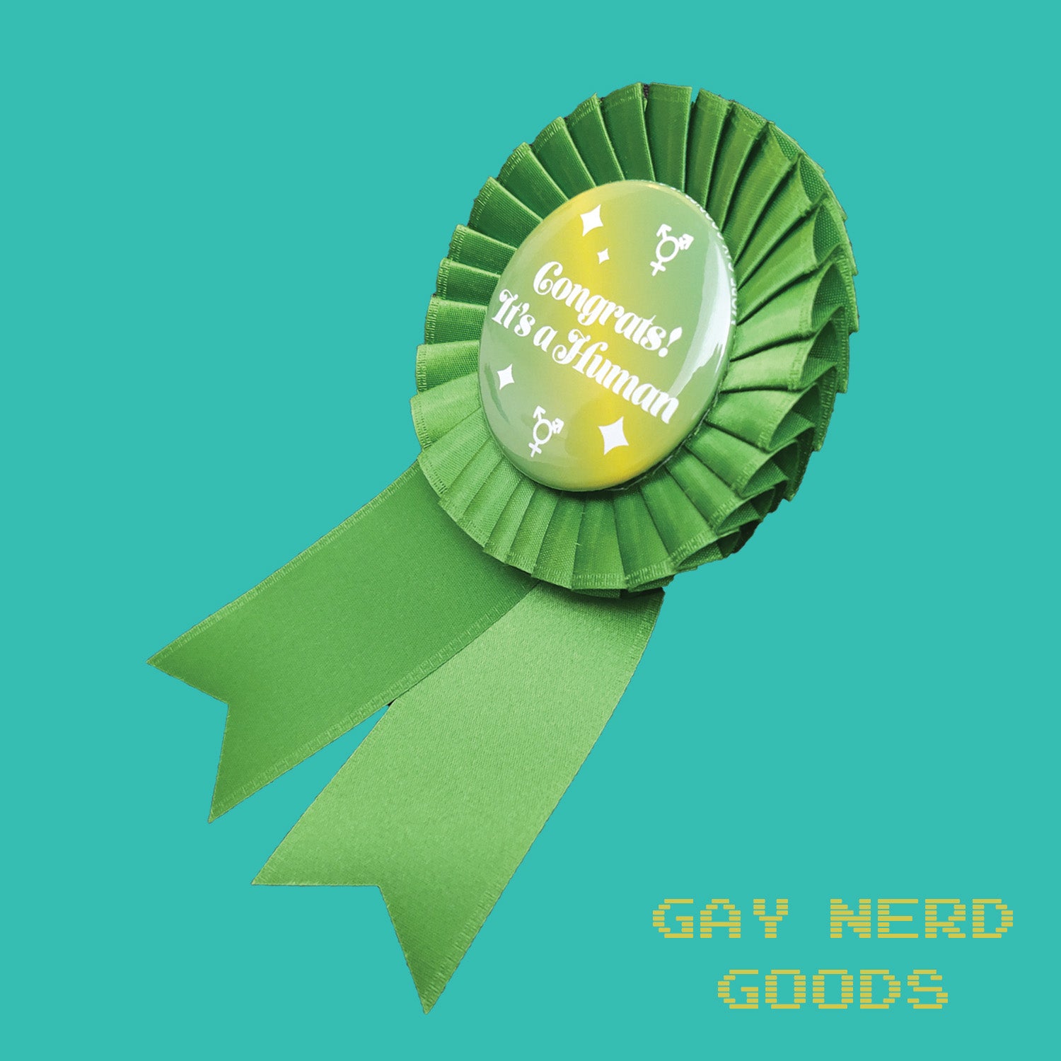 side view of the "congrats! it's a human" pride ribbon on a mint green background