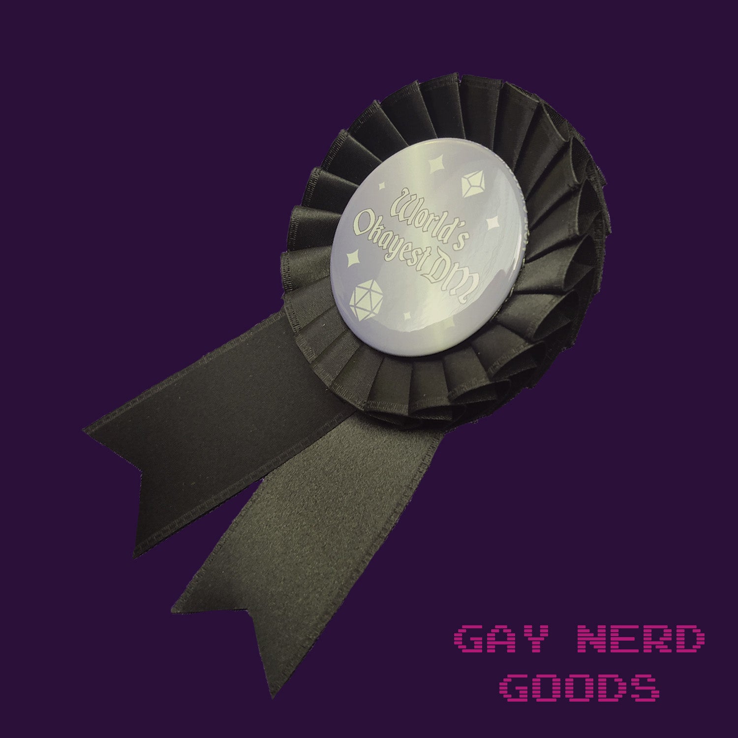 side angle view of the "world's okayest DM" award rosette on a purple background