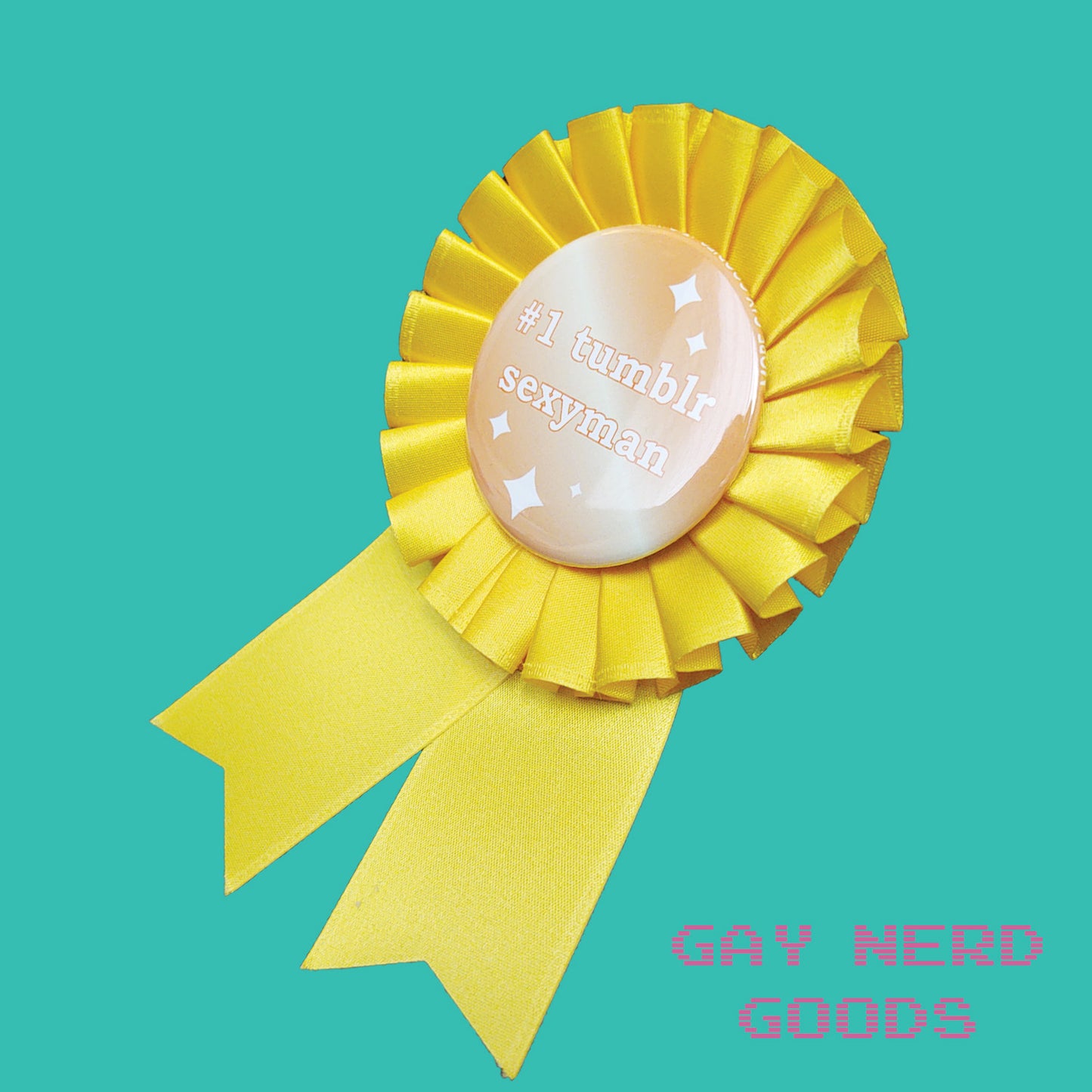 side angle view of the #1 tumblr sexyman award ribbon on a mint green background