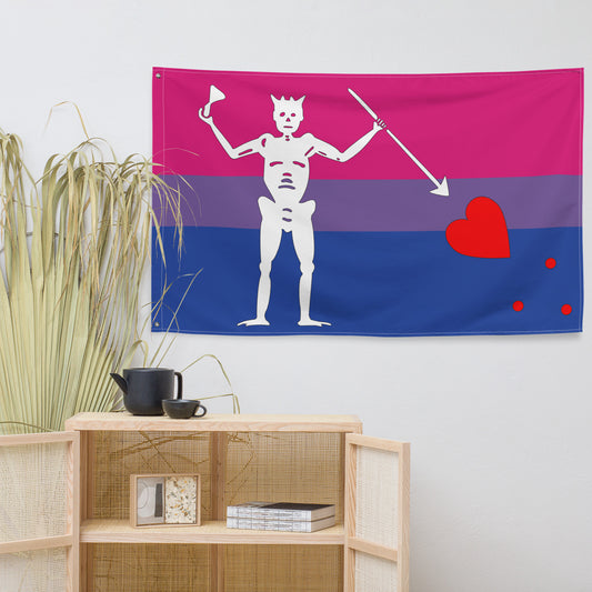 the bisexual blackbeard pirate flag hanging on a white wall above a small wood cabinet next to a palm frond