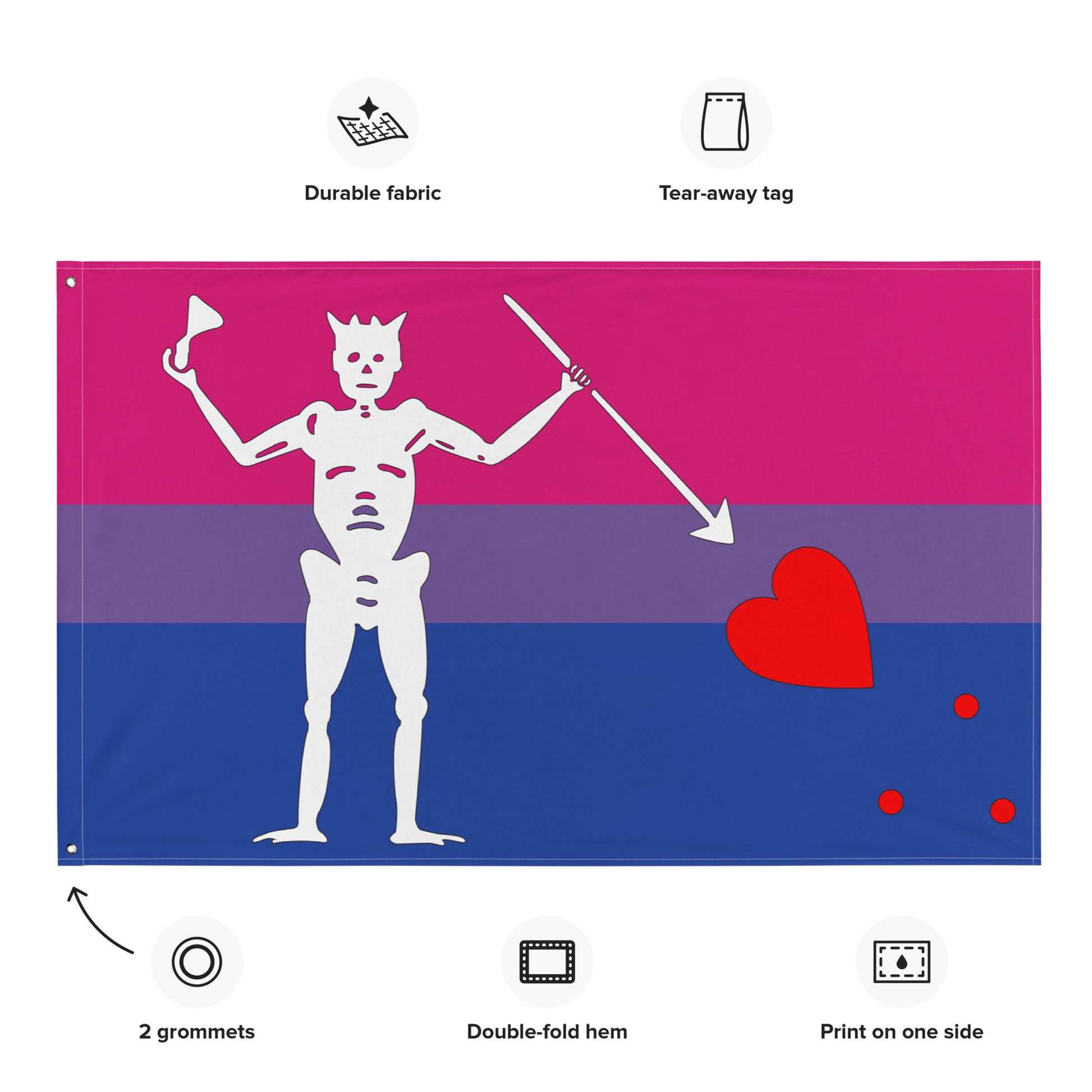the bisexual flag with blackbeard's symbol surrounded by the specifications of "durable fabric, tear-away tag, 2 grommets, double-fold hem, print on one side"