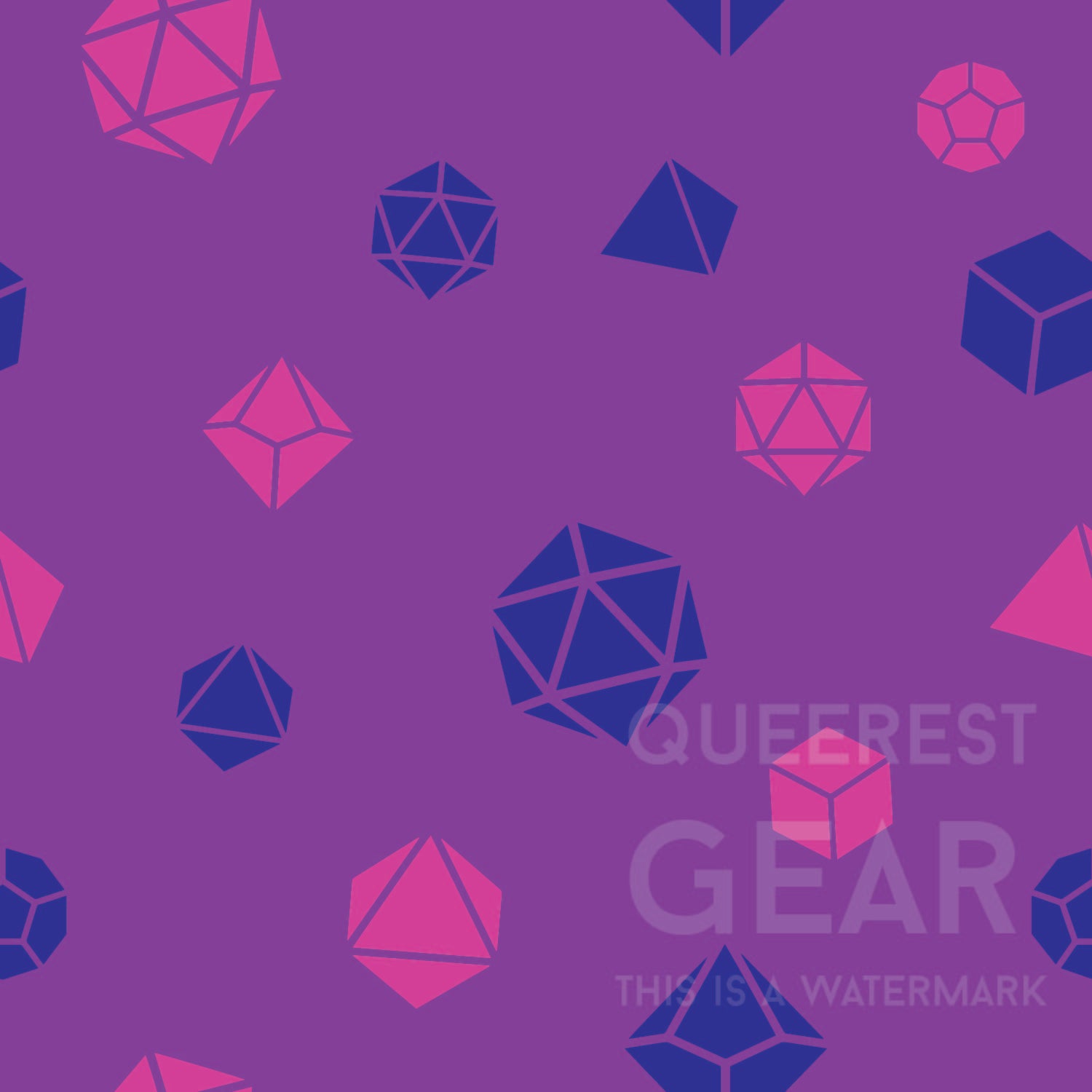 close up of the bisexual dice pattern. There's a purple background with pattern of pink and blue polyhedral dnd dice