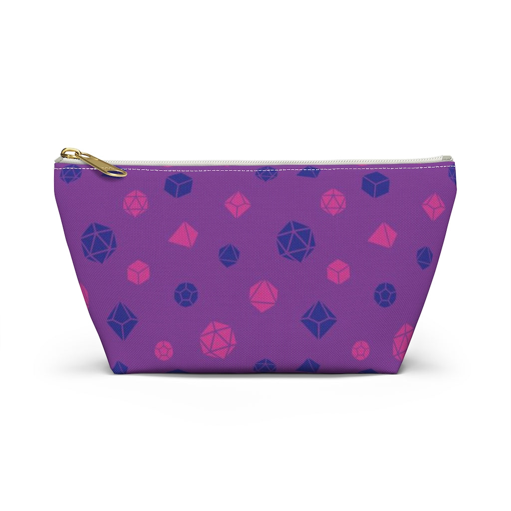the small bisexual dice t-bottom pouch in front view on a white background. it's purple with pink and blue polyhedral dice and a gold zipper pull