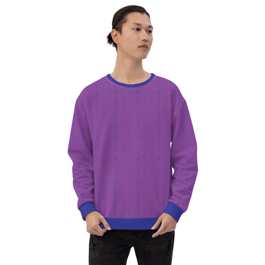 light-skinned dark haired model on a white background facing forward wearing the bisexual pride dice sweater