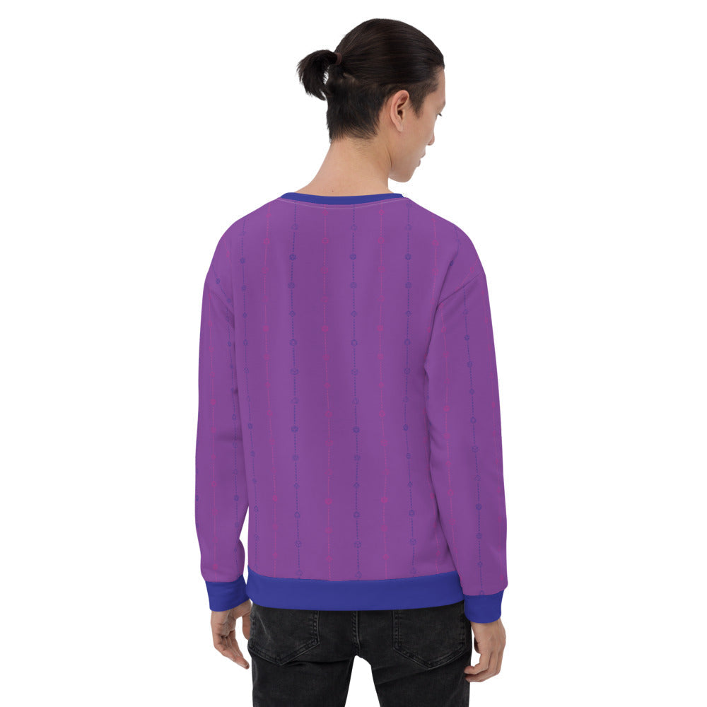 light-skinned dark haired model on a white background facing backwards wearing the bisexual pride dice sweater