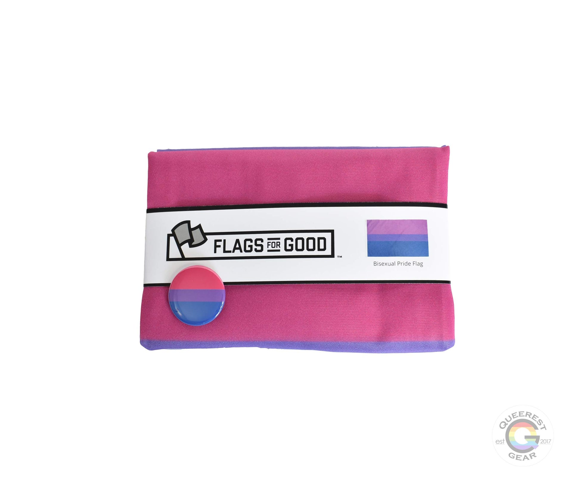The bisexual pride flag folded in its packaging with the matching free bisexual flag button