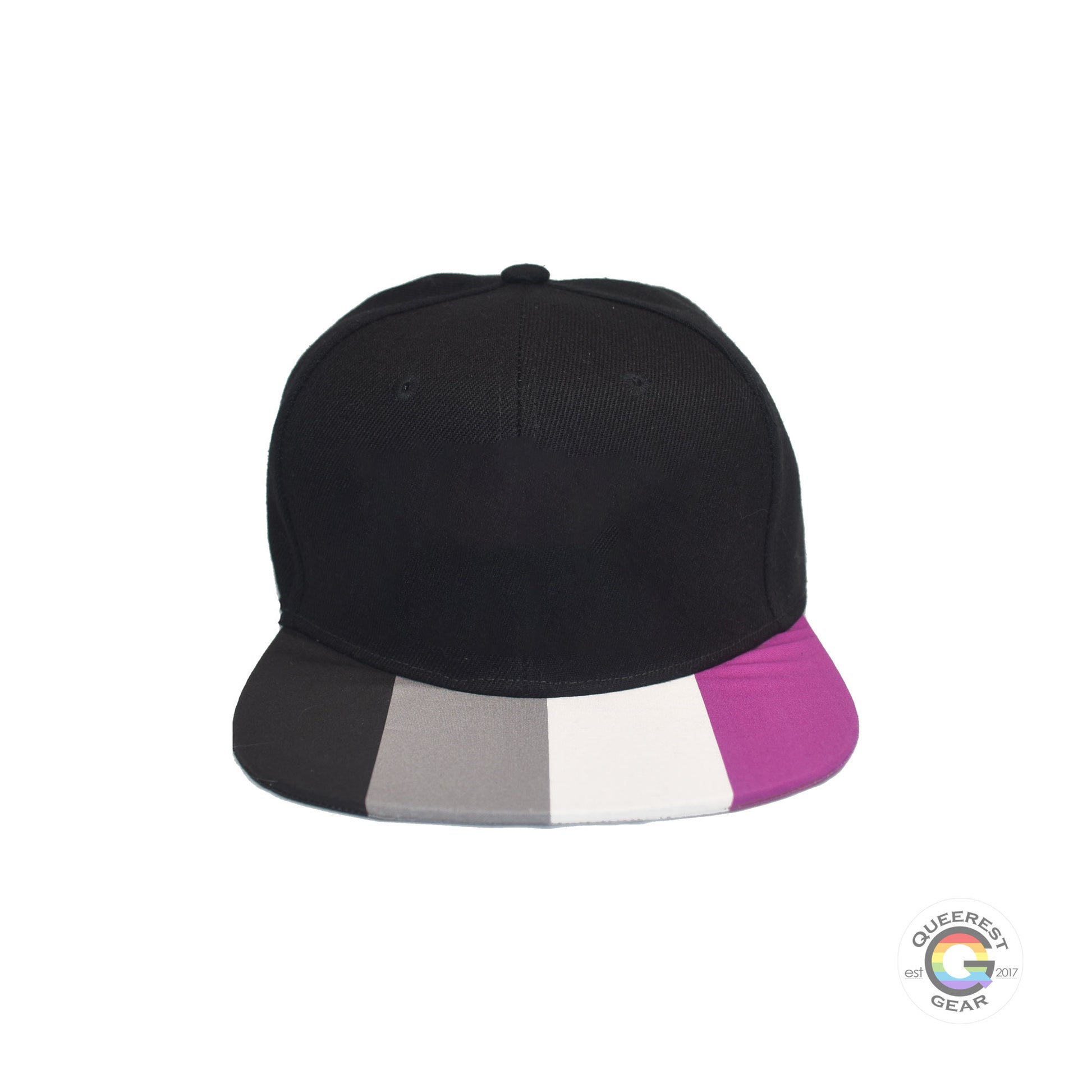 Black flat bill snapback hat. The brim has the asexual pride flag on both sides. Front view