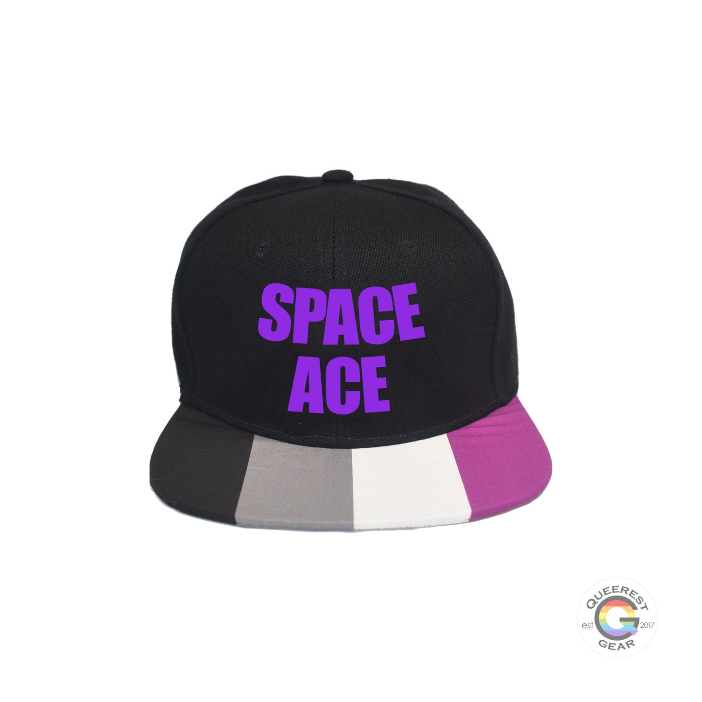 Custom black flat bill snapback hat. The brim has the asexual pride flag on both sides and the front of the hat has the phrase “space ace” in purple. Front view