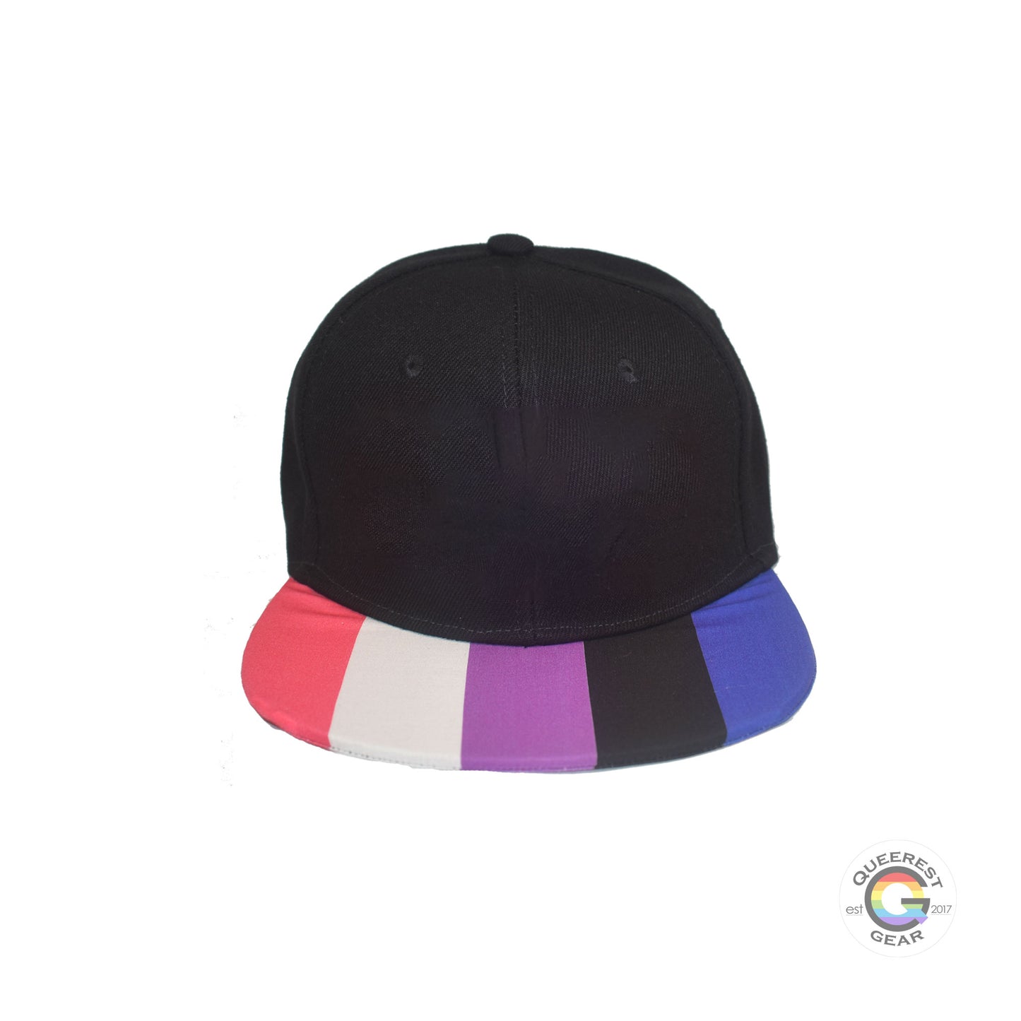 Black flat bill snapback hat. The brim has the genderfluid pride flag on both sides. Front view