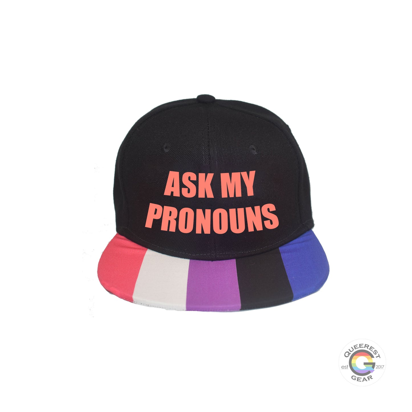 Custom black flat bill snapback hat. The brim has the genderfluid pride flag on both sides and the front of the hat has the phrase “ask my pronouns” in hibiscus. Front view