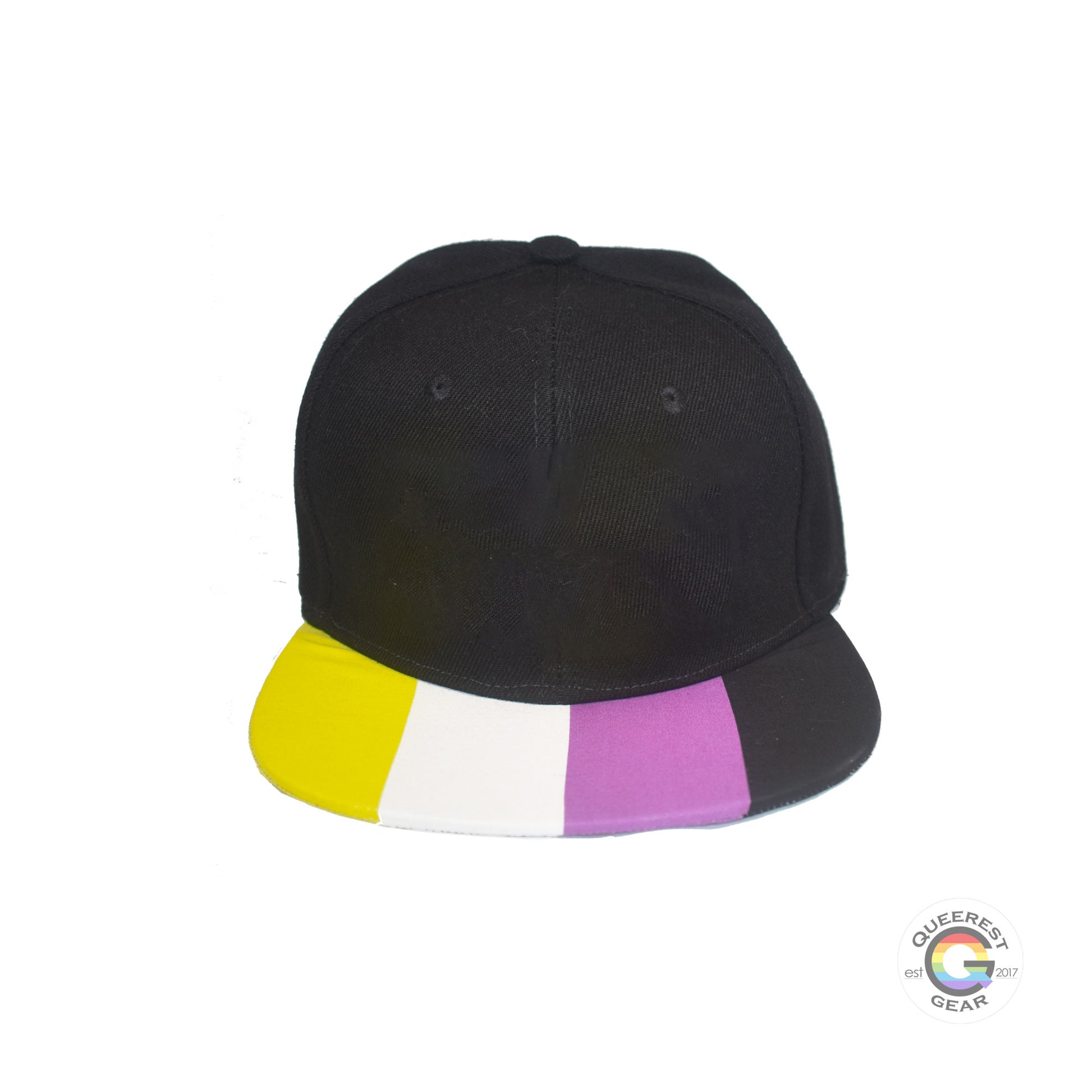 Black flat bill snapback hat. The brim has the nonbinary pride flag on both sides. Front view