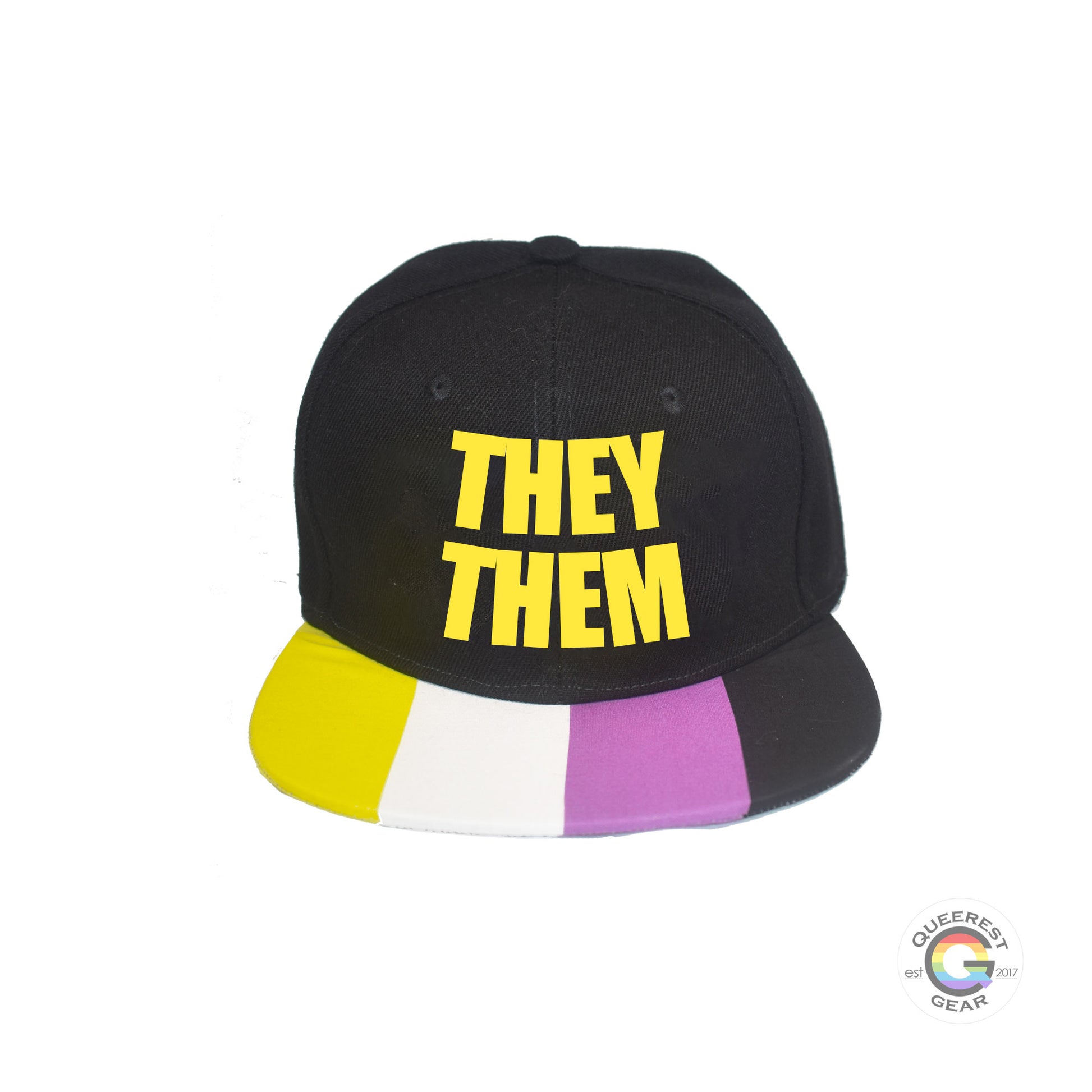 Custom black flat bill snapback hat. The brim has the nonbinary pride flag on both sides and the front of the hat has the phrase “they them” in yellow. Front view
